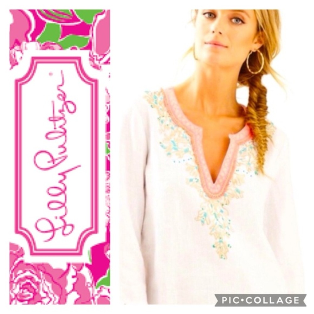 Lilly Pulitzer Amelia Island Linen 3/4 Sleeve Tunic Blouse White Embroidered